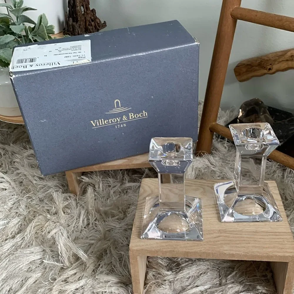 Vintage Pair Of Villeroy & Boch Crystal Pisa Design Candleholders W/Original Box